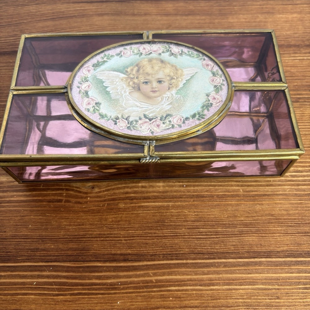 Enesco Amethyst Pink Stained Glass Jewelry Box Cherub Angel Roses Trinket Box